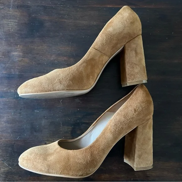 ABLE Suede High Heels Tan Brown Block Heel Sz 10 Round Toe - Picture 3 of 8